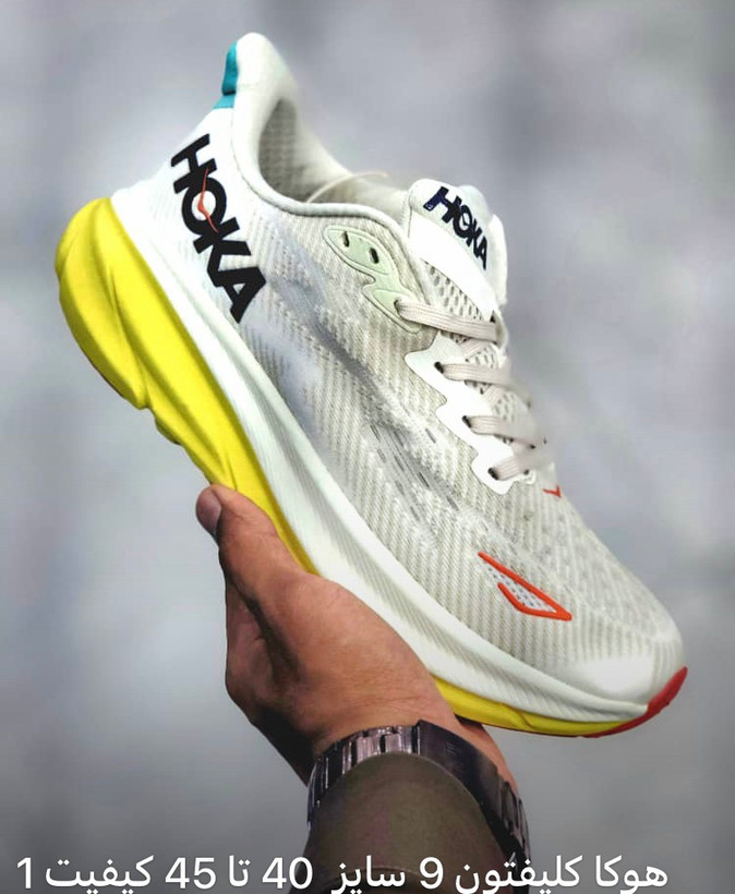 کتونی هوکا کلیفتون 9 سایز 40 تا 45 سفید شیری زرد HOKA CLIFTON 9